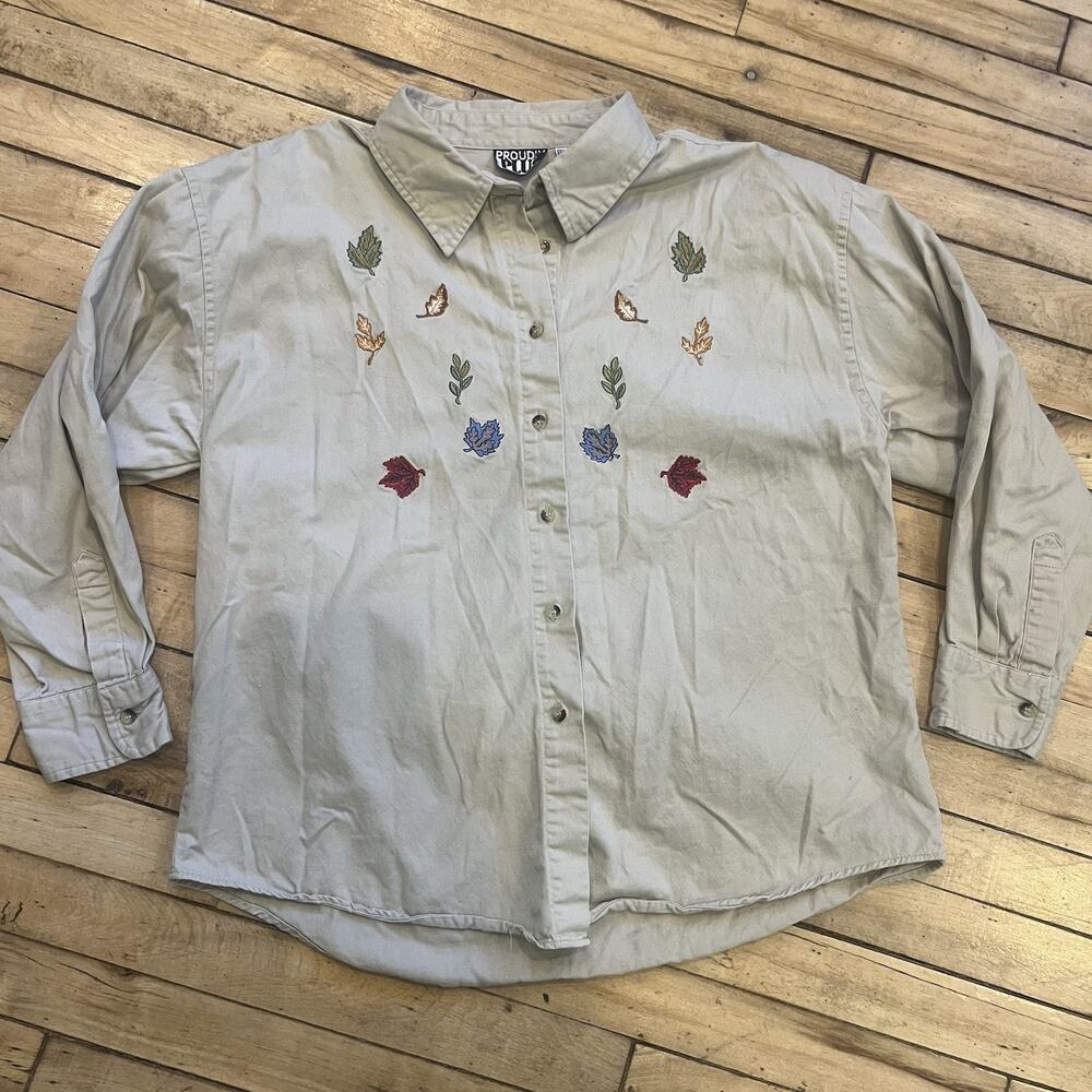 Vintage Proudly Plus Embroidered Leaves Button Up Shirt Womens 20W Cottagecore